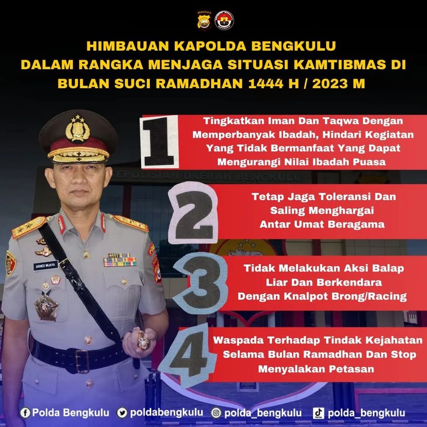 Kapolda Bengkulu Sampikan 4 Imbauan Dalam Rangka Menjaga Situasi Kamtibmas di Bulan Ramadan 1444 H