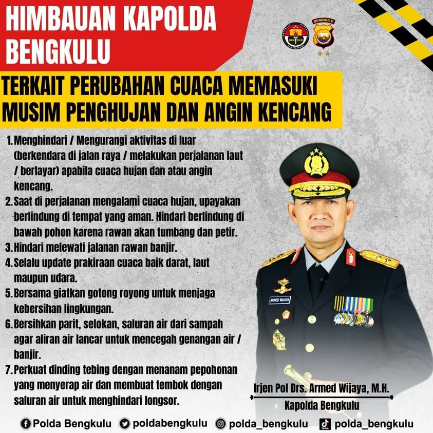 Terkait Perubahan Cuaca Sangat Mengkhawatirkan, ini 7 Imbauan Kapolda Bengkulu