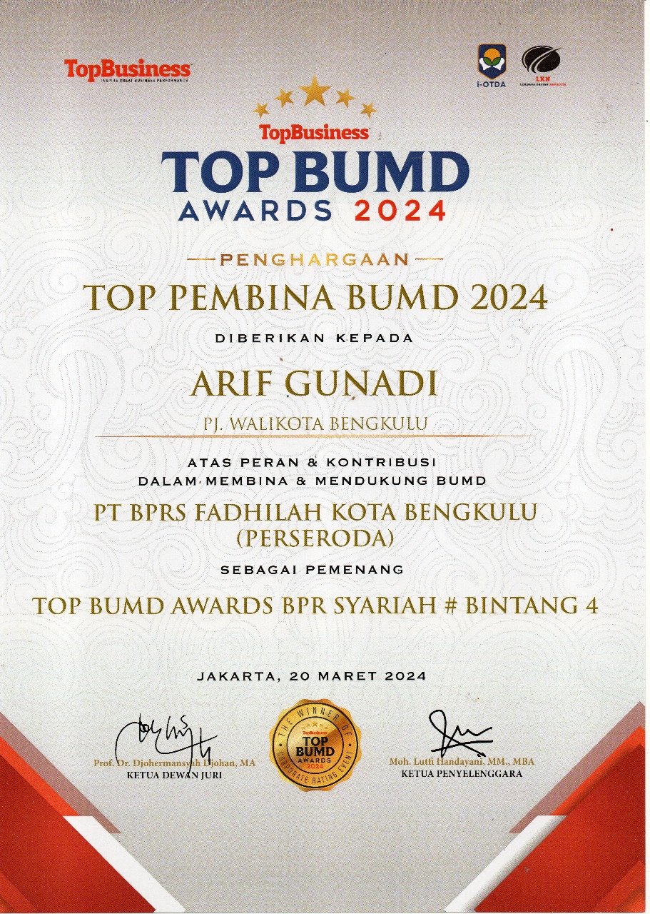 BPRS Fadhilah Kota Bengkulu Raih 3 Penghargaan Dalam TOP BUMD Awards 2024.