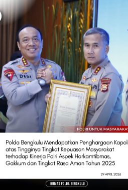Survei Kepuasan Publik Tertinggi, Polda Bengkulu Raih Penghargaan Kapolri